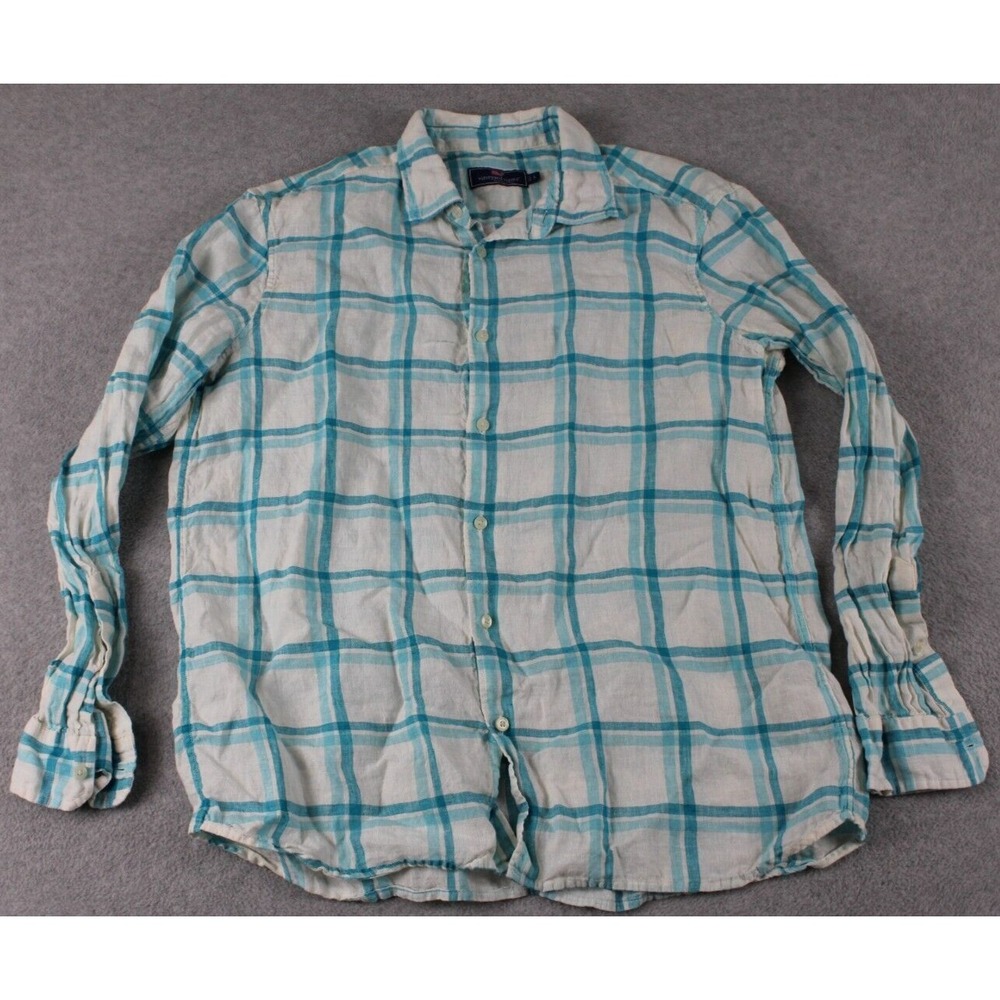 Vineyard Vines Shirt Mens Large Linen Casual Button‎ Up Blue Plaid Long Sleeve